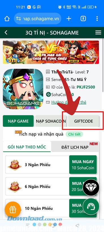 Click on the Giftcod button