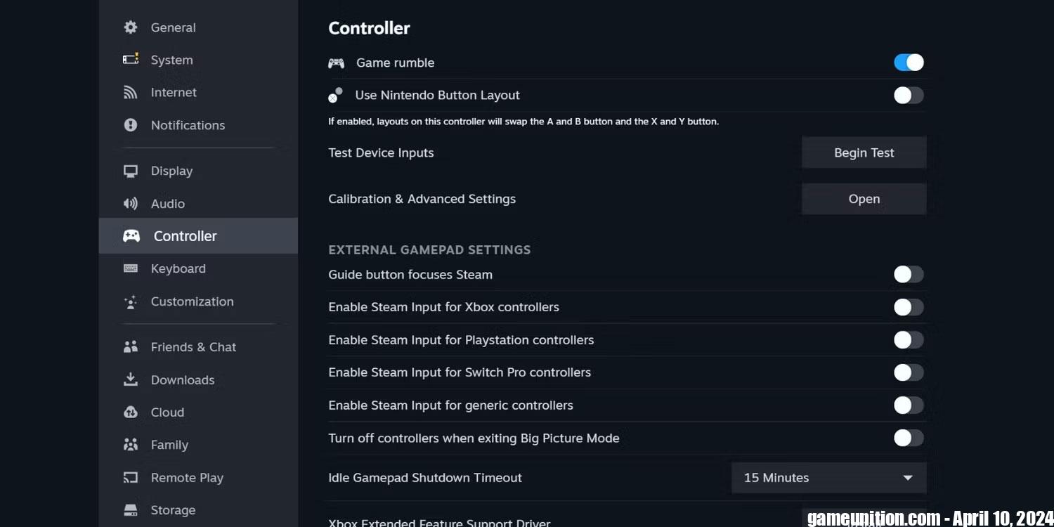 Controller settings menu in Big Picture Mode on Steam