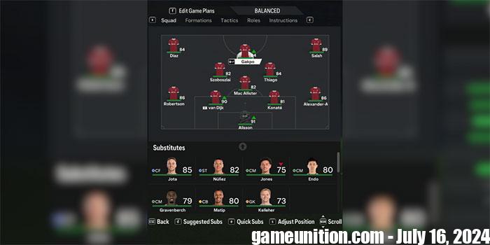 Lineup for Liverpool in EA Sports FC 24