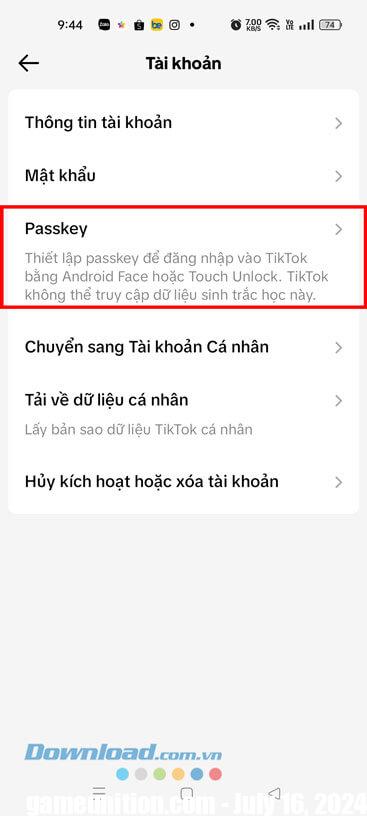 Touch the Passkey item